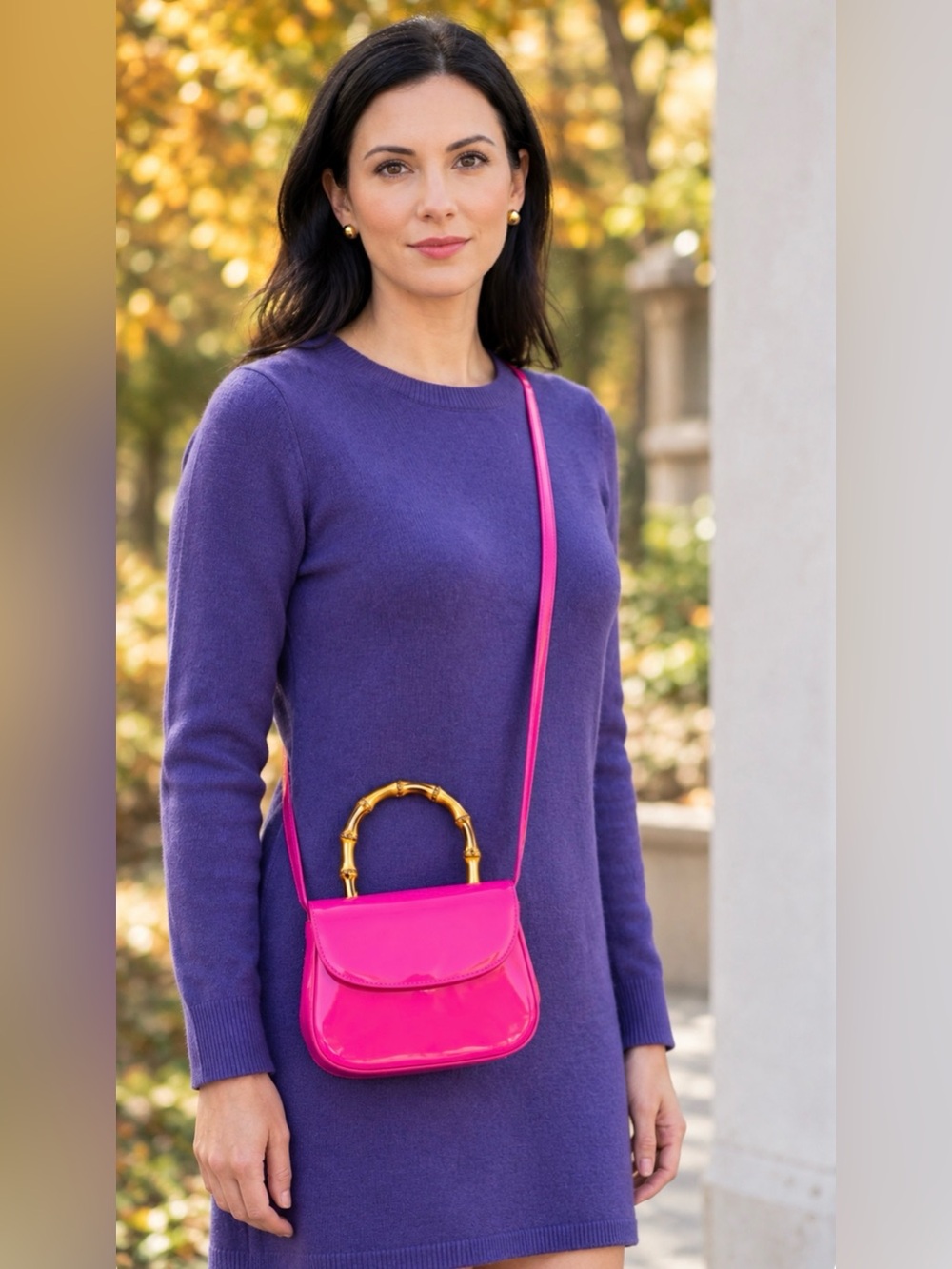 Hot Pink Patent-Finish Mini Bag • Gold Handle • Crossbody • 2-Way Carry